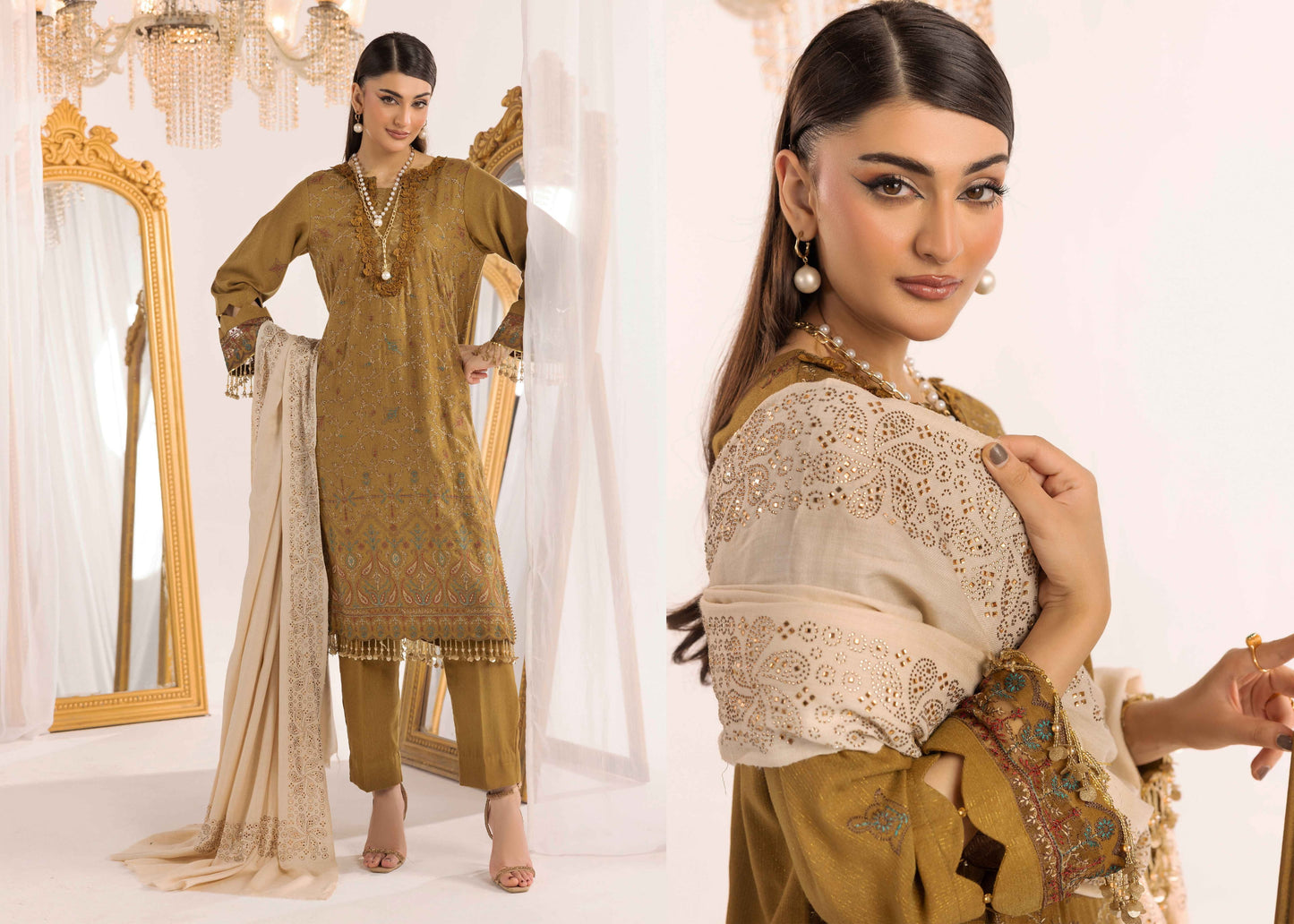 Shaista Supreme Kashmiri Sami Peach Embroidery Wool Shawl