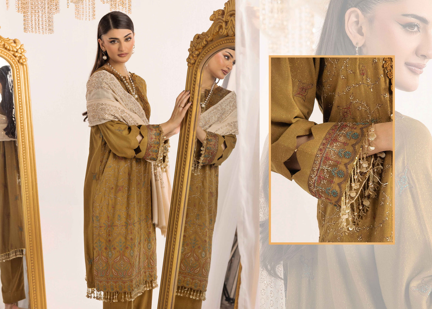 Shaista Supreme Kashmiri Sami Peach Embroidery Wool Shawl