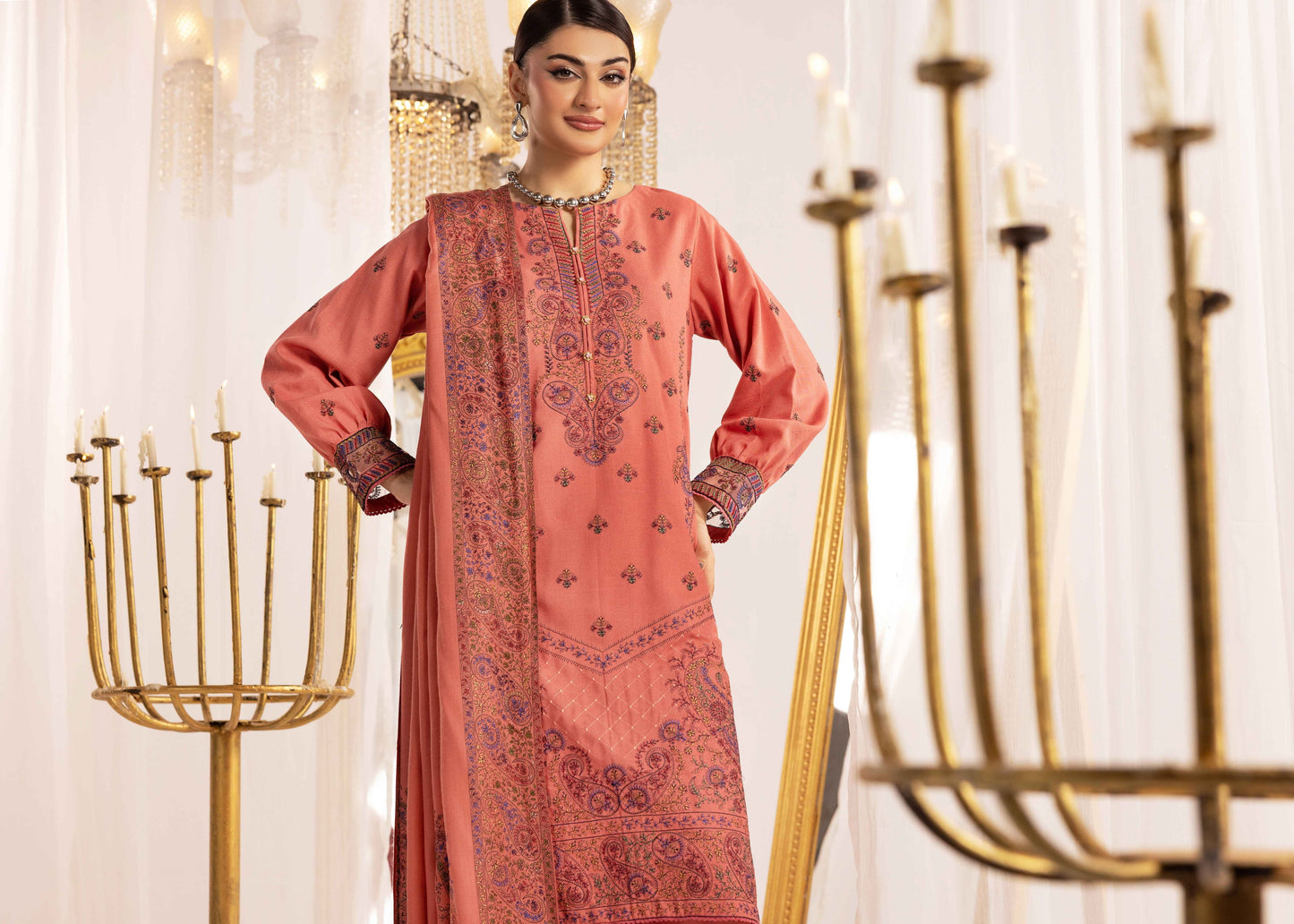 Shaista Supreme Kashmiri Sami Peach Embroidery Wool Shawl
