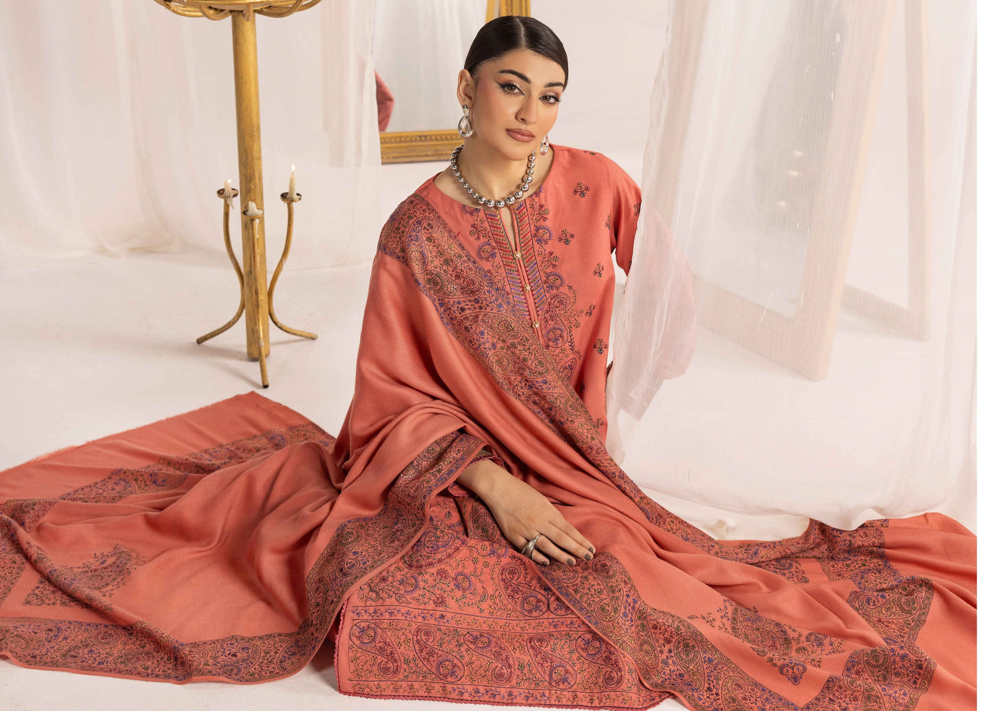 Shaista Supreme Kashmiri Sami Peach Embroidery Wool Shawl