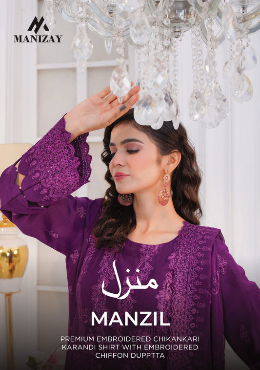 Manzil Embroidered Karandi With Embroidered Chiffon Dupatta