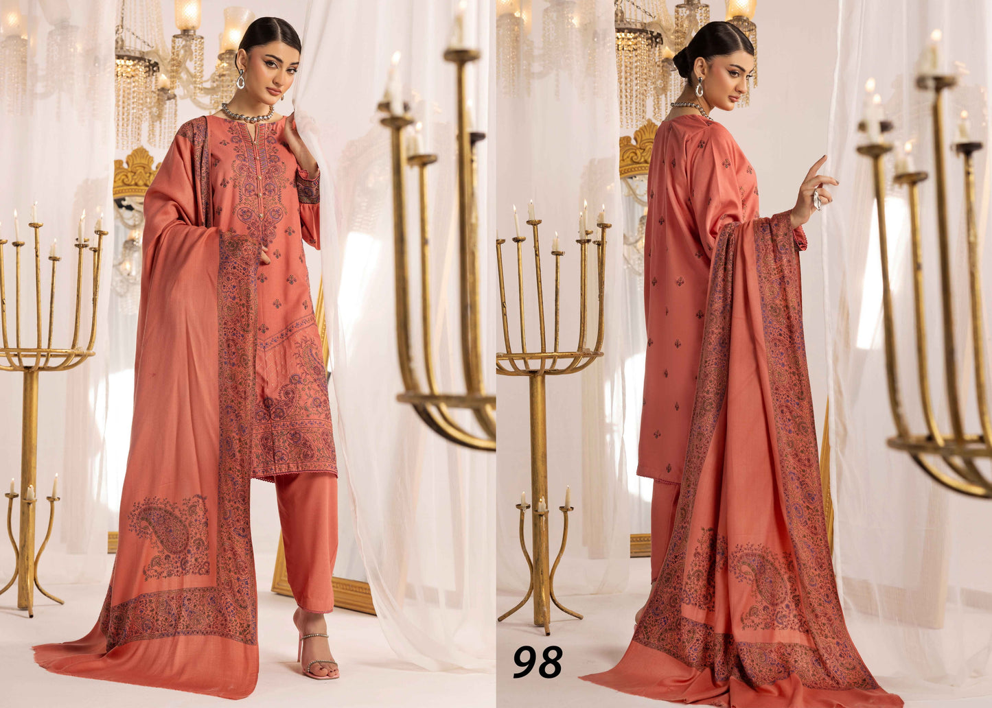 Shaista Supreme Kashmiri Sami Peach Embroidery Wool Shawl